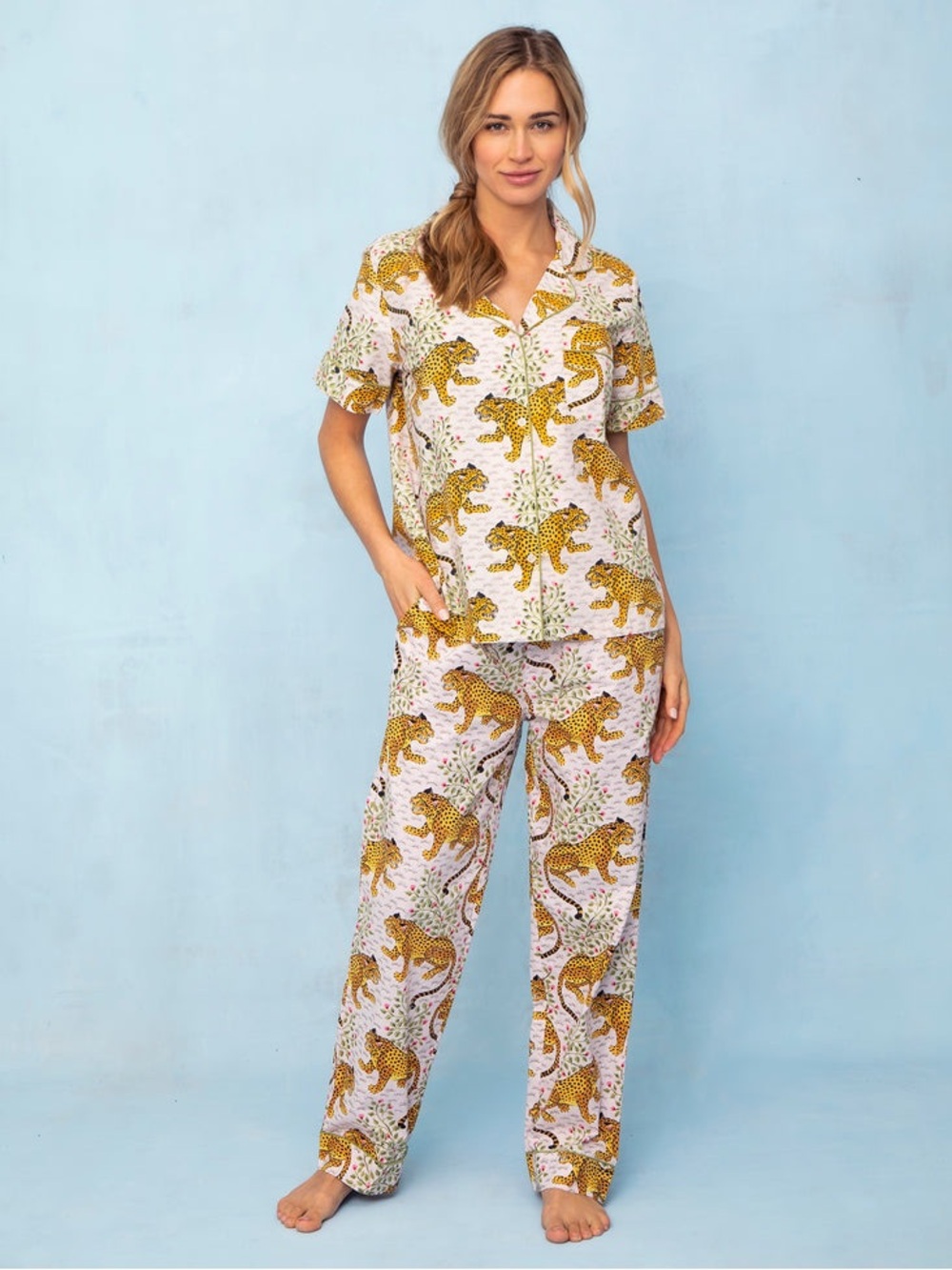 Printfresh Leopard Print Button-Up Pajama Set in Bagheera